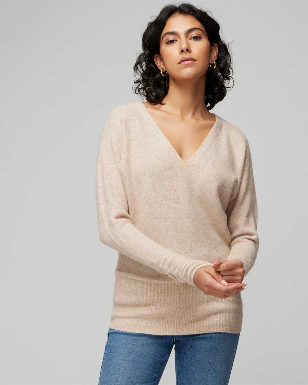 V Neck Shirred Sleeve Tunic Pullover Sweater White House Black